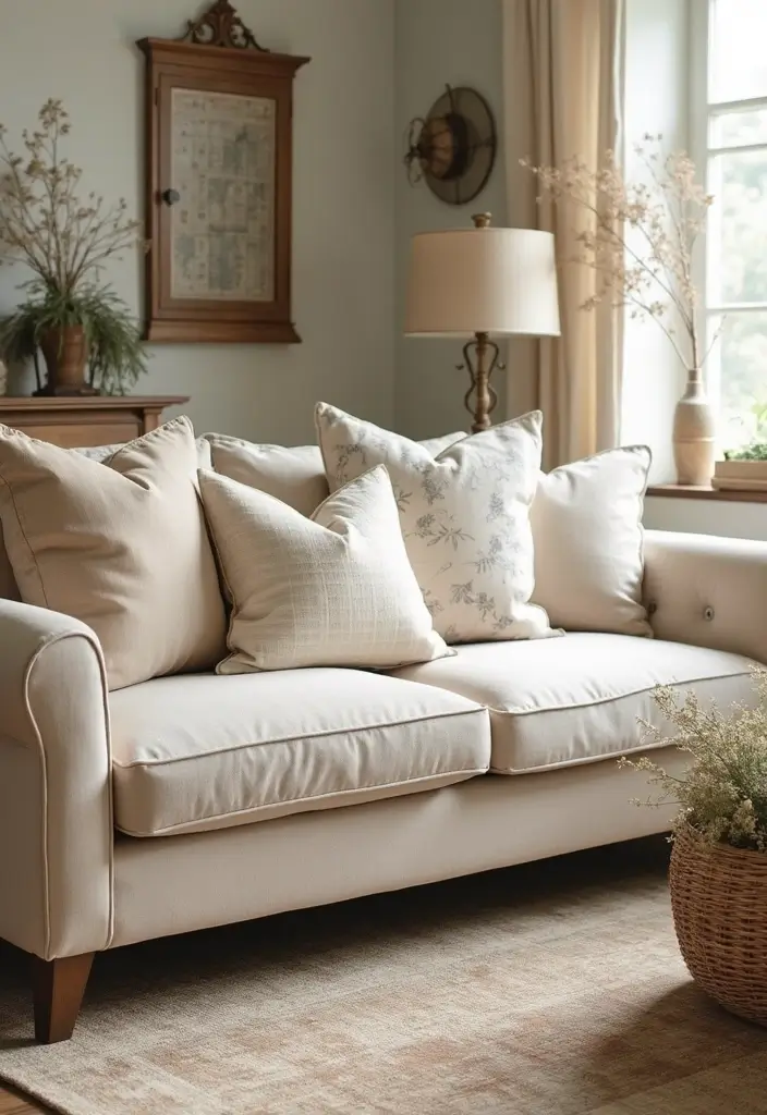 25 Beige Sofa with Pillows Ideas That Feel Effortlessly Chic 14 25 Beige Sofa with Pillows Ideas That Feel Effortlessly Chic - 14. Farmhouse Elegance