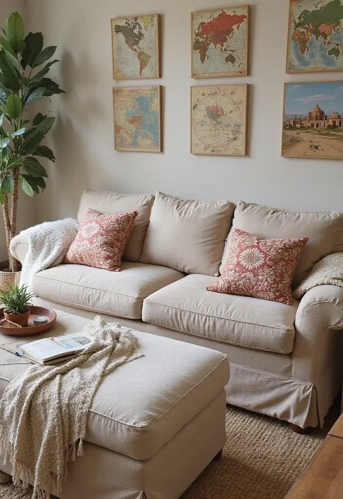 25 Beige Sofa with Pillows Ideas That Feel Effortlessly Chic 21 25 Beige Sofa with Pillows Ideas That Feel Effortlessly Chic - 21. Travel-Inspired Pillows