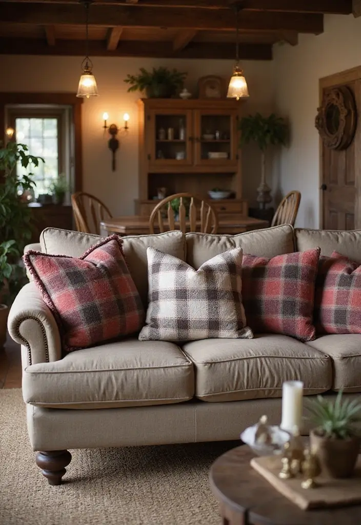 25 Checkered Pillow Ideas for Cozy Living Rooms 11 25 Checkered Pillow Ideas for Cozy Living Rooms - 11. Farmhouse Charm with Plaid Checkered Pillows
