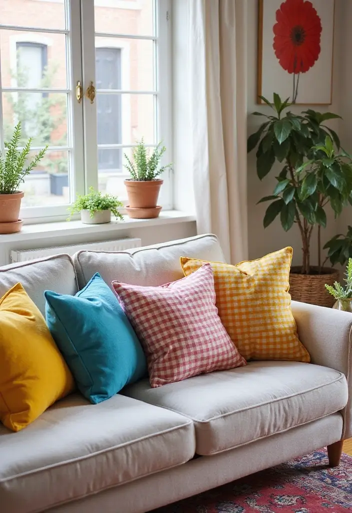 25 Checkered Pillow Ideas for Cozy Living Rooms 20 25 Checkered Pillow Ideas for Cozy Living Rooms - 20. Colorful Checkered Pillows for a Fun Pop