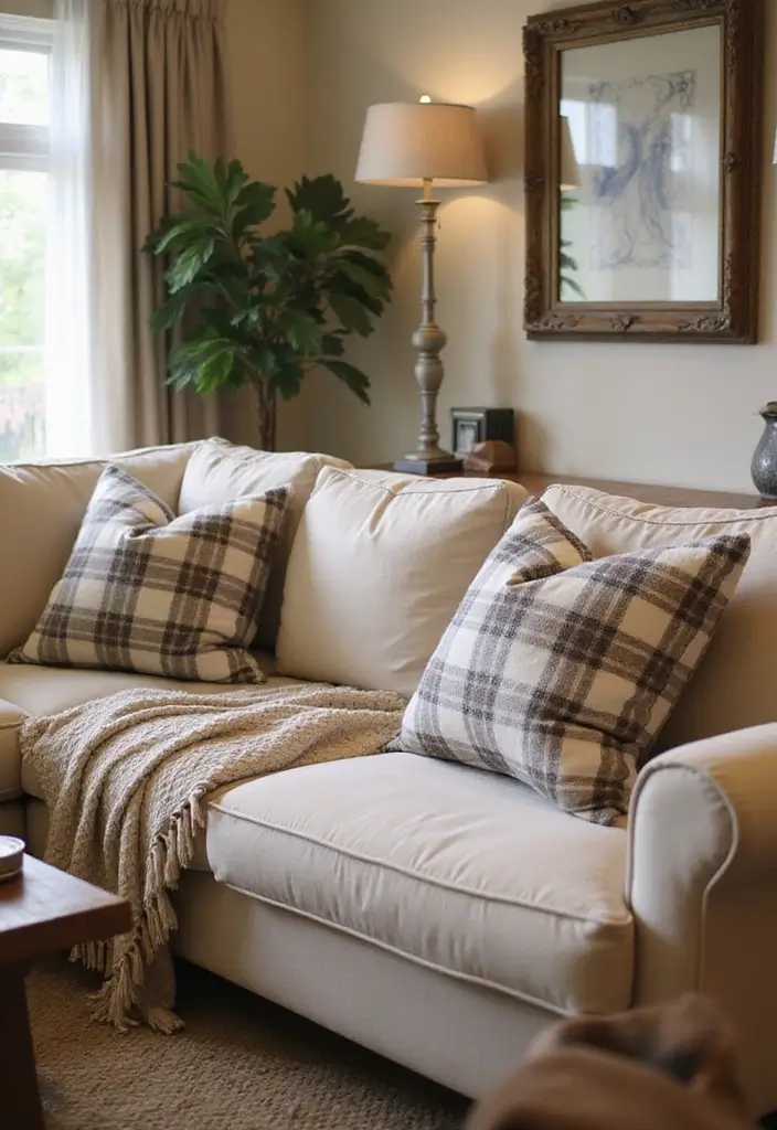 25 Checkered Pillow Ideas for Cozy Living Rooms 22 25 Checkered Pillow Ideas for Cozy Living Rooms - 22. Farmhouse Elegance with Large Checkered Pillows
