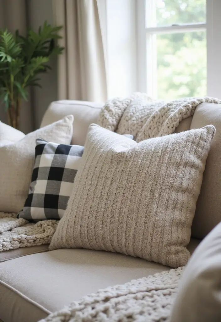 25 Checkered Pillow Ideas for Cozy Living Rooms 8 25 Checkered Pillow Ideas for Cozy Living Rooms - 8. Textured Throw Pillows for Extra Cozy Vibes