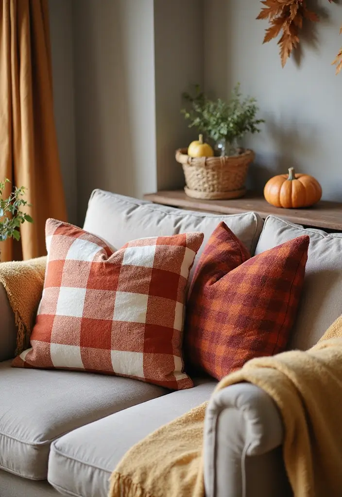 25 Checkered Pillow Ideas for Cozy Living Rooms 9 25 Checkered Pillow Ideas for Cozy Living Rooms - 9. Seasonal Switch: Fall-Themed Checkered Pillows