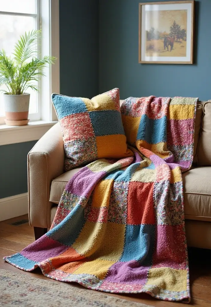25 Crochet Throws on Sofas for Cozy Living Room Vibes 10 25 Crochet Throws on Sofas for Cozy Living Room Vibes - 10. Multi-Color Patchwork Throw