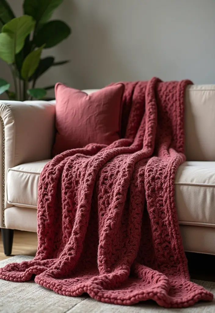 25 Crochet Throws on Sofas for Cozy Living Room Vibes 11 25 Crochet Throws on Sofas for Cozy Living Room Vibes - 11. Luxurious Velvet Crochet Throw