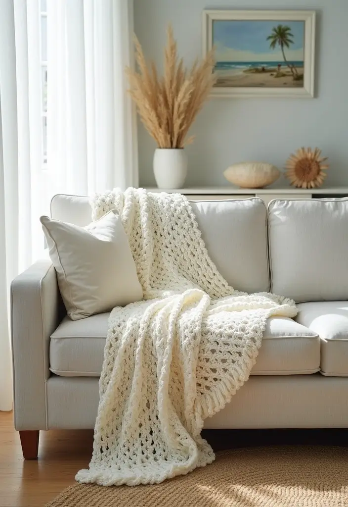 25 Crochet Throws on Sofas for Cozy Living Room Vibes 14 25 Crochet Throws on Sofas for Cozy Living Room Vibes - 14. Coastal Inspired Crochet Throw