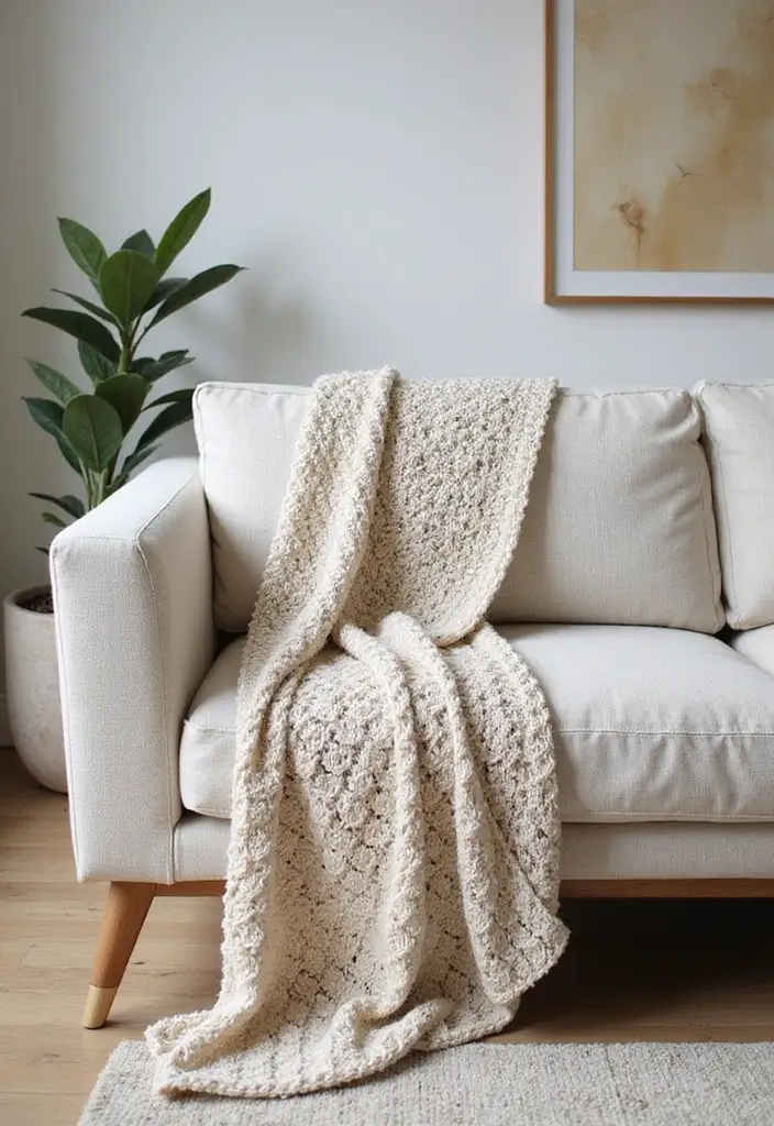 25 Crochet Throws on Sofas for Cozy Living Room Vibes 15 25 Crochet Throws on Sofas for Cozy Living Room Vibes - 15. Minimalist Crochet Throw
