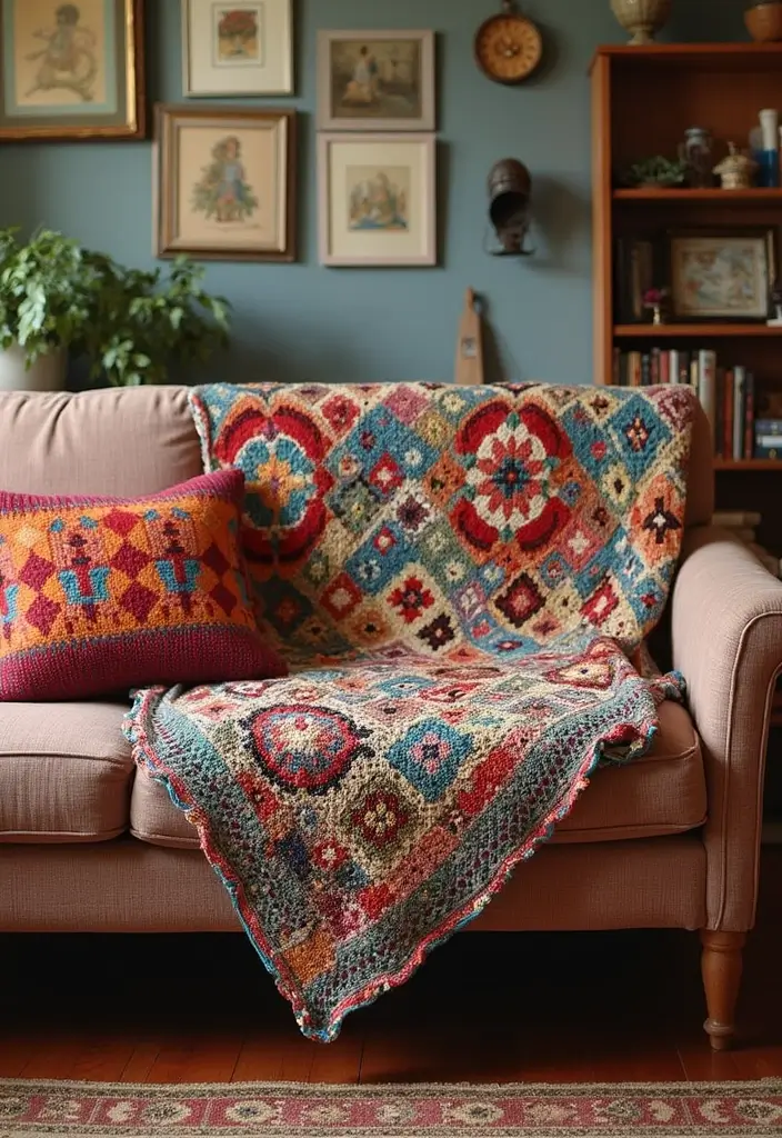 25 Crochet Throws on Sofas for Cozy Living Room Vibes 16 25 Crochet Throws on Sofas for Cozy Living Room Vibes - 16. Travel-Inspired Crochet Throw