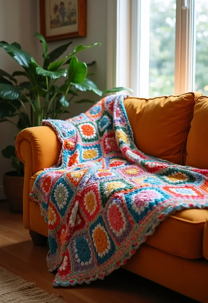 25 Crochet Throws on Sofas for Cozy Living Room Vibes 18 25 Crochet Throws on Sofas for Cozy Living Room Vibes - 18. Granny Square Crochet Blanket