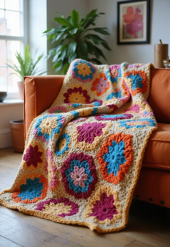 25 Crochet Throws on Sofas for Cozy Living Room Vibes 19 25 Crochet Throws on Sofas for Cozy Living Room Vibes - 19. Whimsical Crochet Throw