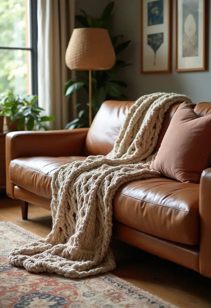 25 Crochet Throws on Sofas for Cozy Living Room Vibes 2 25 Crochet Throws on Sofas for Cozy Living Room Vibes - 2. Boho Chunky Knit Throw