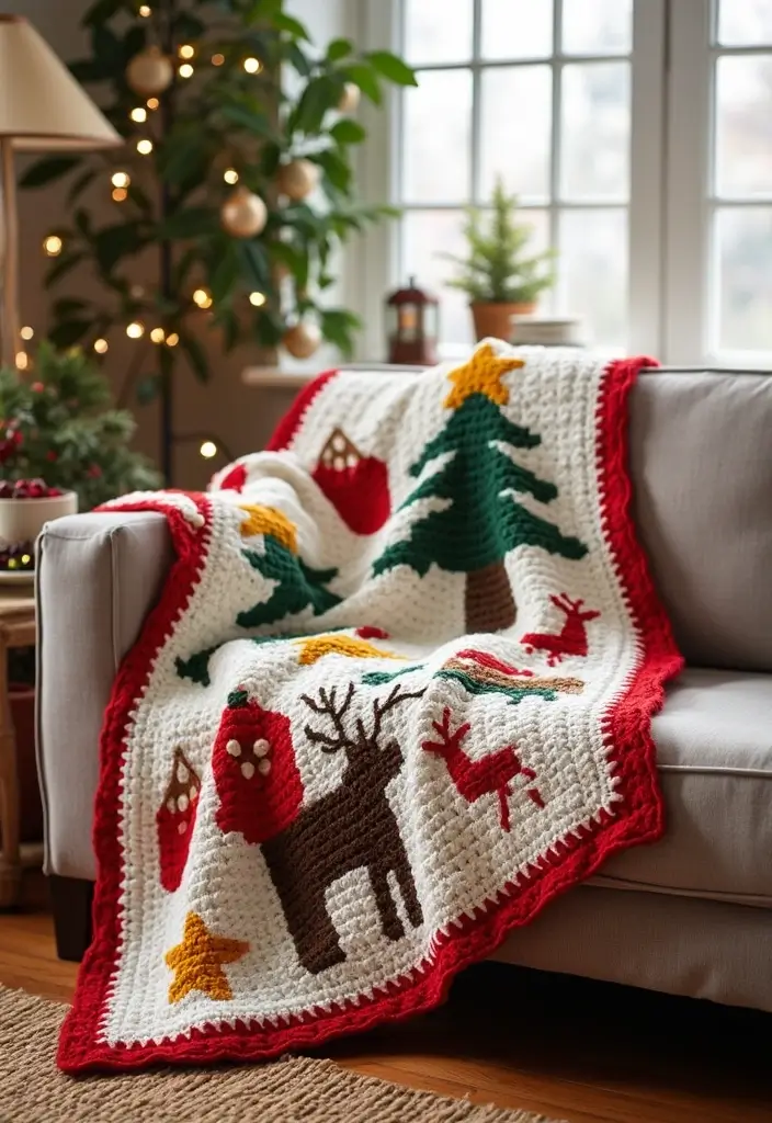 25 Crochet Throws on Sofas for Cozy Living Room Vibes 20 25 Crochet Throws on Sofas for Cozy Living Room Vibes - 20. Holiday-Themed Crochet Throw