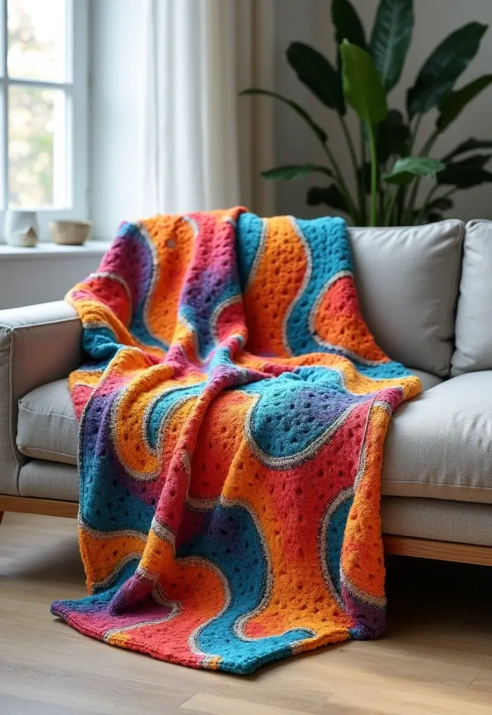 25 Crochet Throws on Sofas for Cozy Living Room Vibes 21 25 Crochet Throws on Sofas for Cozy Living Room Vibes - 21. Abstract Design Crochet Throw