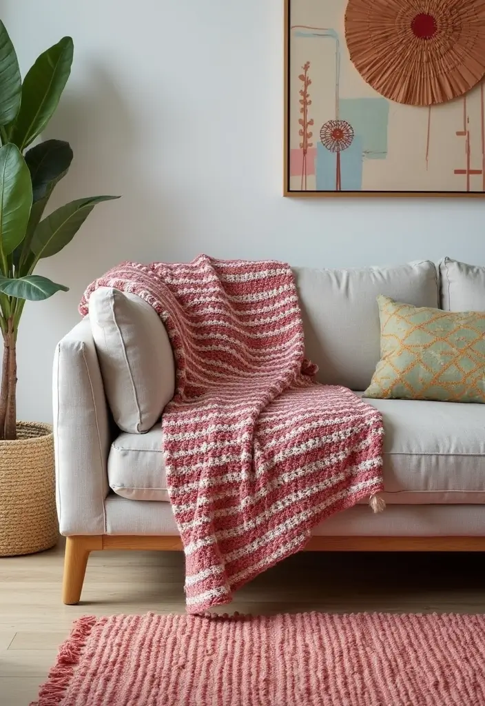 25 Crochet Throws on Sofas for Cozy Living Room Vibes 3 25 Crochet Throws on Sofas for Cozy Living Room Vibes - 3. Striped Crochet Blanket