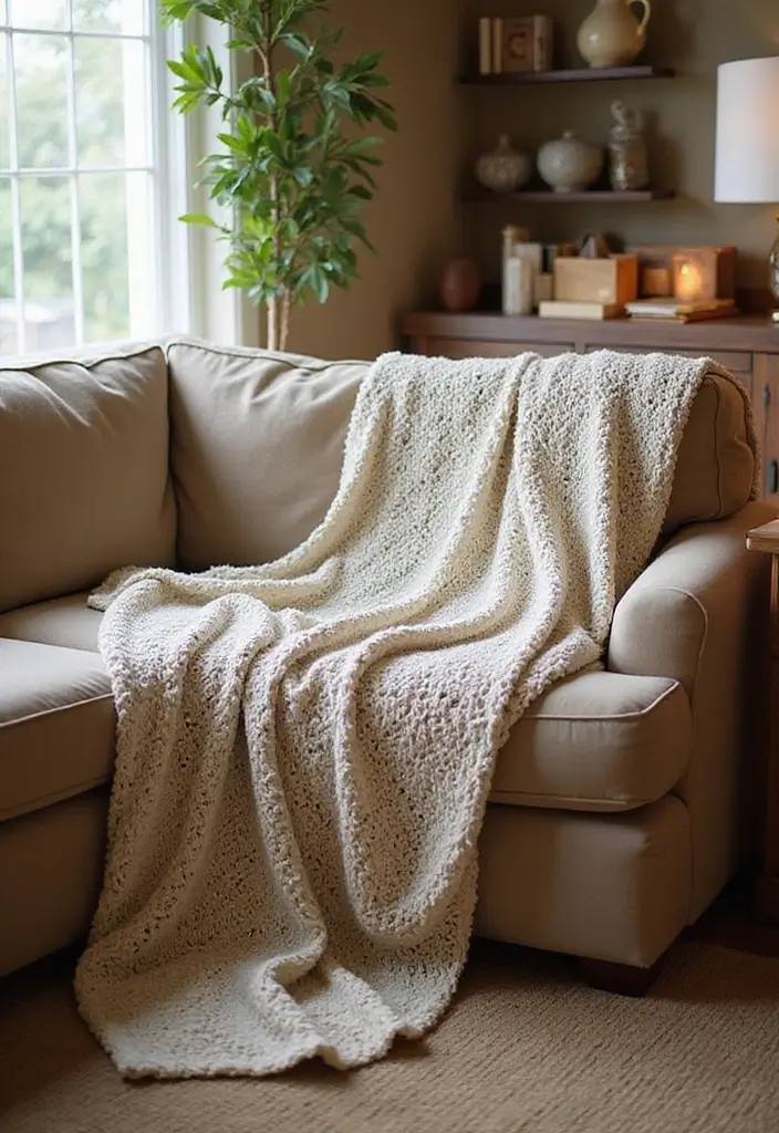 25 Crochet Throws on Sofas for Cozy Living Room Vibes 4 25 Crochet Throws on Sofas for Cozy Living Room Vibes - 4. Oversized Cozy Throw