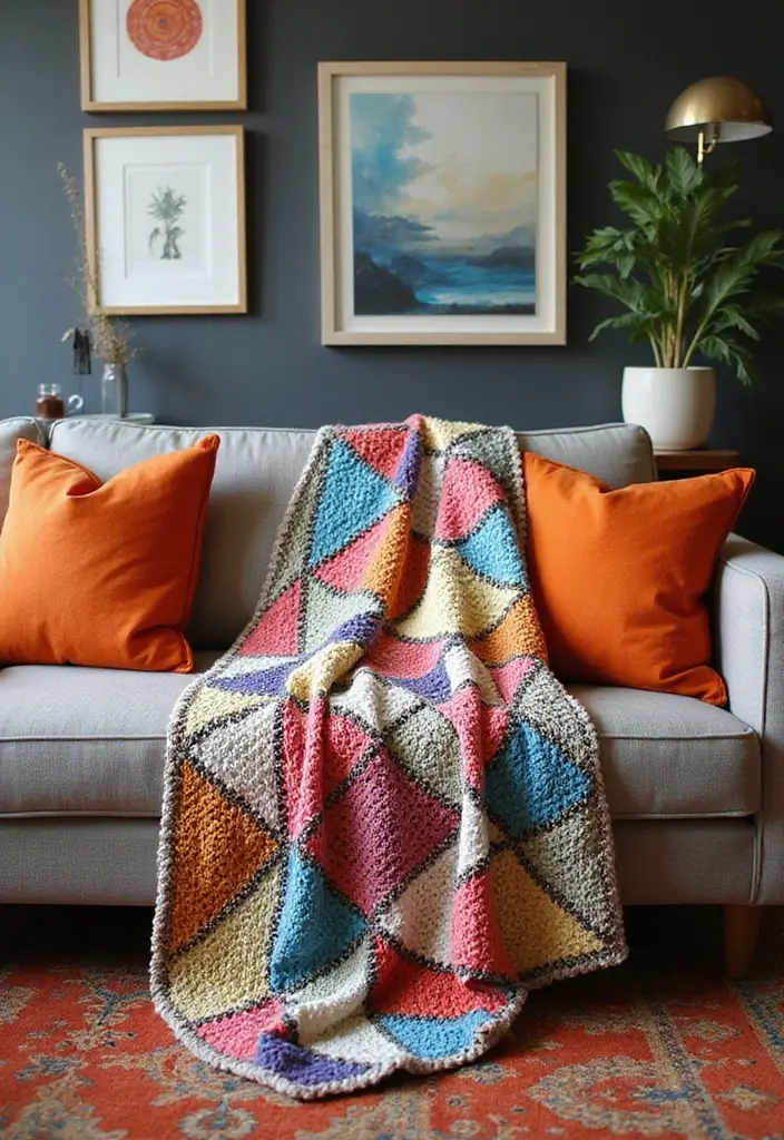 25 Crochet Throws on Sofas for Cozy Living Room Vibes 6 25 Crochet Throws on Sofas for Cozy Living Room Vibes - 6. Geometric Pattern Crochet Throw