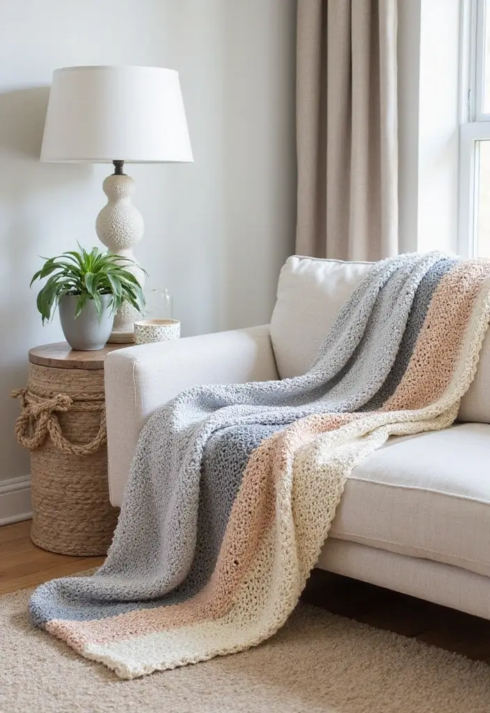 25 Crochet Throws on Sofas for Cozy Living Room Vibes 7 25 Crochet Throws on Sofas for Cozy Living Room Vibes - 7. Ombre Crochet Throw