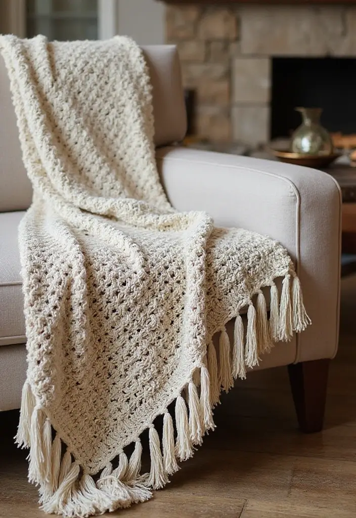 25 Crochet Throws on Sofas for Cozy Living Room Vibes 8 25 Crochet Throws on Sofas for Cozy Living Room Vibes - 8. Textured Fringe Crochet Blanket