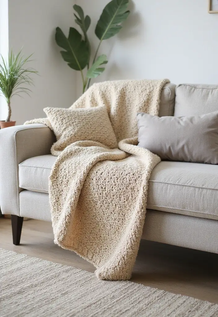 25 Crochet Throws on Sofas for Cozy Living Room Vibes 9 25 Crochet Throws on Sofas for Cozy Living Room Vibes - 9. Simple Solid Color Crochet Throw
