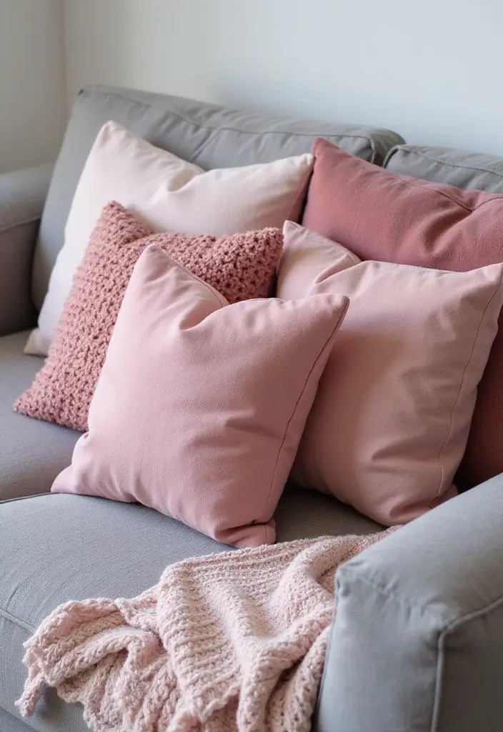 25 Grey Couch with Pink Pillows That Look Soft and Elegant 1 25 Grey Couch with Pink Pillows That Look Soft and Elegant - 1. Layered Textures for Depth