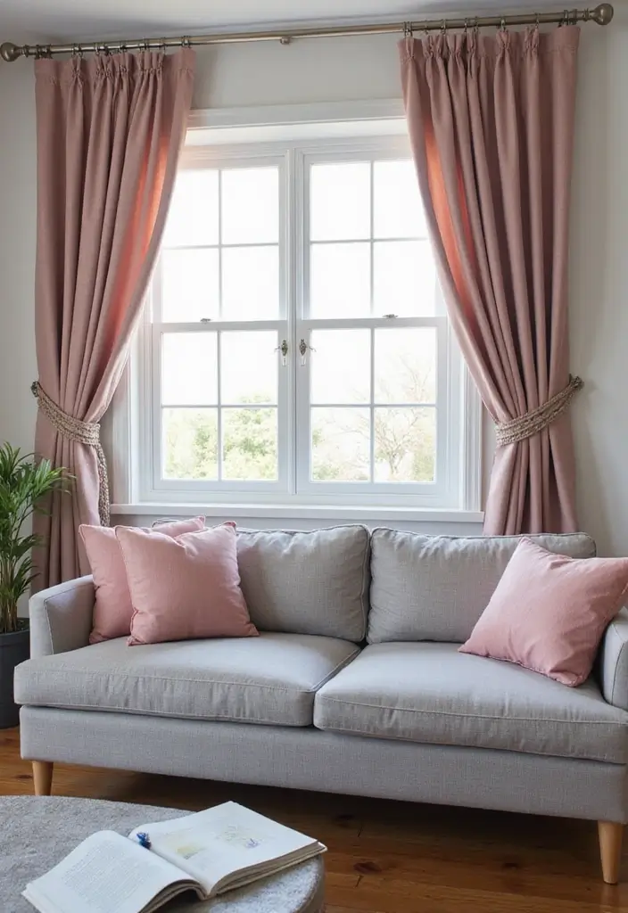 25 Grey Couch with Pink Pillows That Look Soft and Elegant 11 25 Grey Couch with Pink Pillows That Look Soft and Elegant - 11. Elegant Curtain Choices