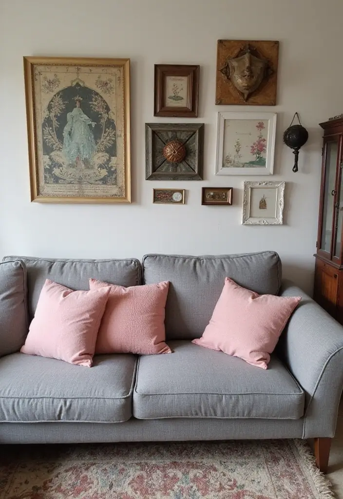 25 Grey Couch with Pink Pillows That Look Soft and Elegant 12 25 Grey Couch with Pink Pillows That Look Soft and Elegant - 12. Vintage Finds for Character