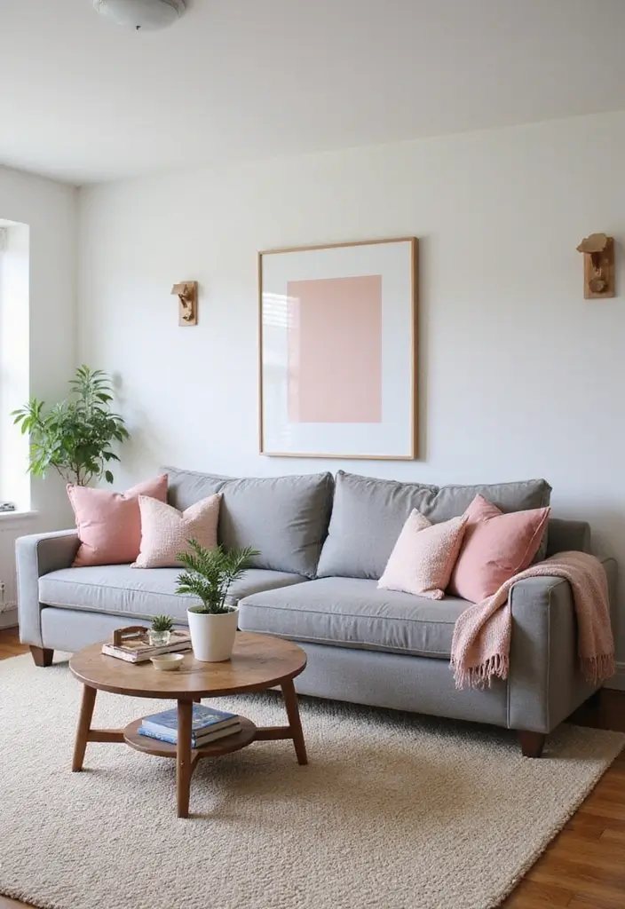 25 Grey Couch with Pink Pillows That Look Soft and Elegant 15 25 Grey Couch with Pink Pillows That Look Soft and Elegant - 15. Minimalism Meets Bohemian Style