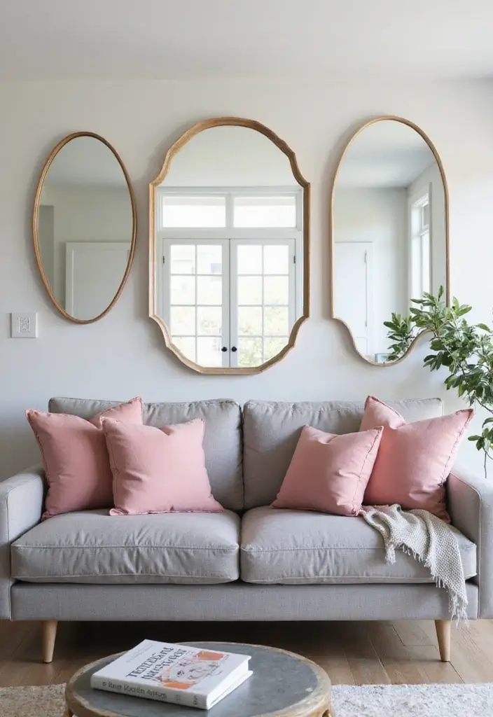 25 Grey Couch with Pink Pillows That Look Soft and Elegant 16 25 Grey Couch with Pink Pillows That Look Soft and Elegant - 16. Dynamic Mirror Placement