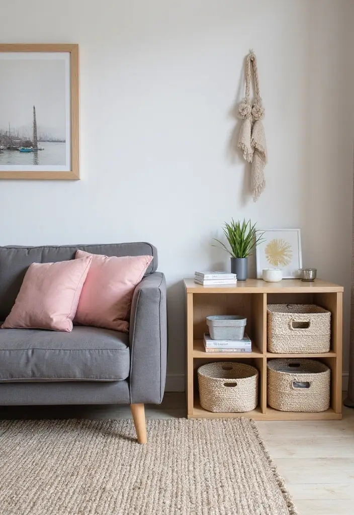 25 Grey Couch with Pink Pillows That Look Soft and Elegant 20 25 Grey Couch with Pink Pillows That Look Soft and Elegant - 20. Functional Storage Solutions