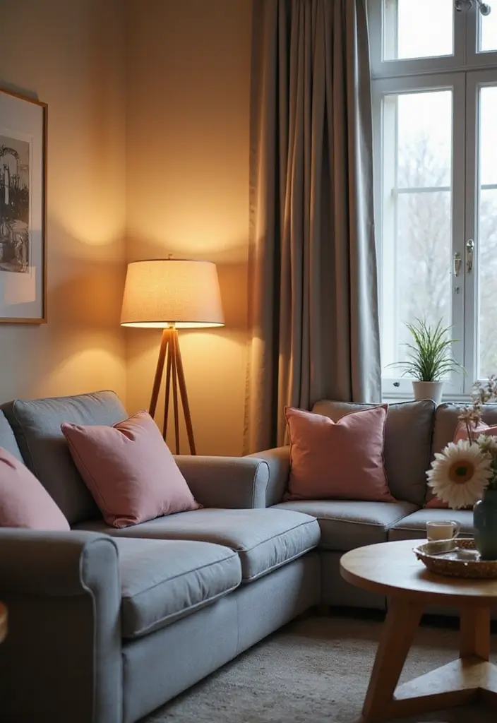 25 Grey Couch with Pink Pillows That Look Soft and Elegant 3 25 Grey Couch with Pink Pillows That Look Soft and Elegant - 3. Play with Lighting