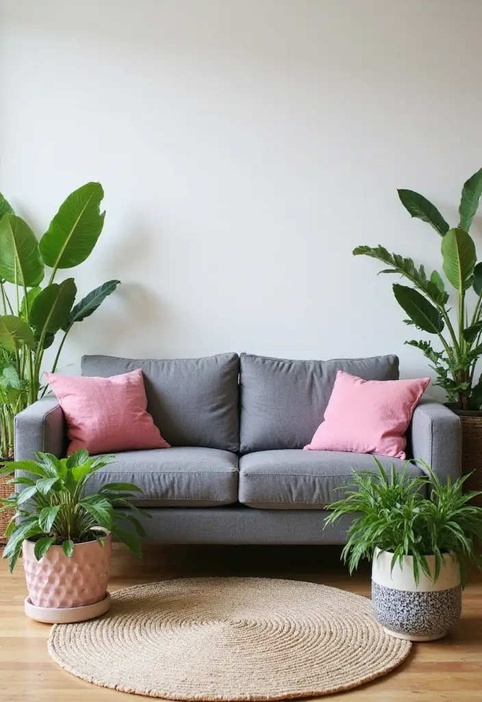25 Grey Couch with Pink Pillows That Look Soft and Elegant 4 25 Grey Couch with Pink Pillows That Look Soft and Elegant - 4. Greenery to Freshen Up