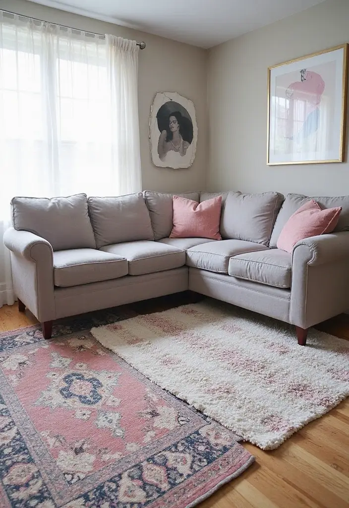 25 Grey Couch with Pink Pillows That Look Soft and Elegant 5 25 Grey Couch with Pink Pillows That Look Soft and Elegant - 5. Layered Rugs for Comfort