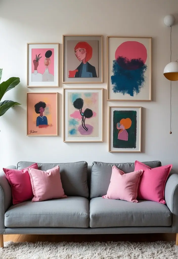 25 Grey Couch with Pink Pillows That Look Soft and Elegant 7 25 Grey Couch with Pink Pillows That Look Soft and Elegant - 7. Artistic Wall Decor