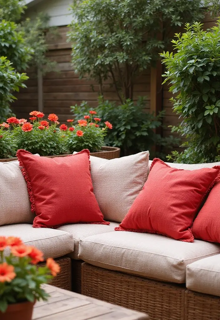 25 Outdoor Pillow Color Schemes That Refresh Your Patio Instantly 22 25 Outdoor Pillow Color Schemes That Refresh Your Patio Instantly - 22. Radiant Reds
