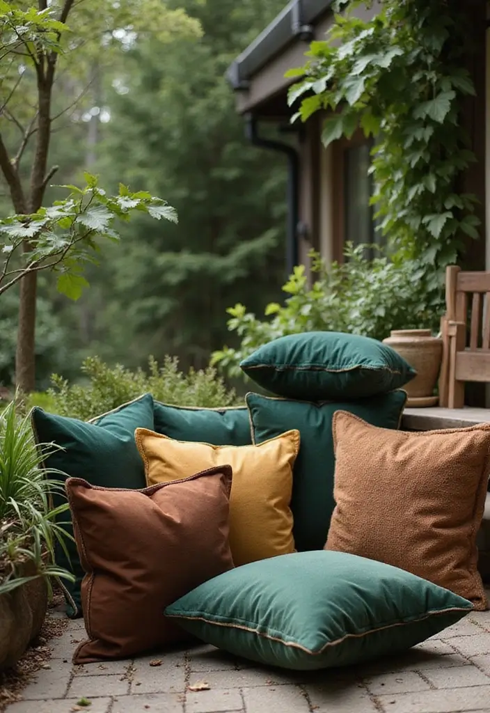 25 Outdoor Pillow Color Schemes That Refresh Your Patio Instantly 3 25 Outdoor Pillow Color Schemes That Refresh Your Patio Instantly - 3. Forest Retreat