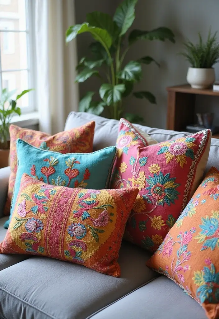 25 Perfect Pillows for a Grey Sofa to Match Any Interior - 12. Colorful Embroidered Pillows