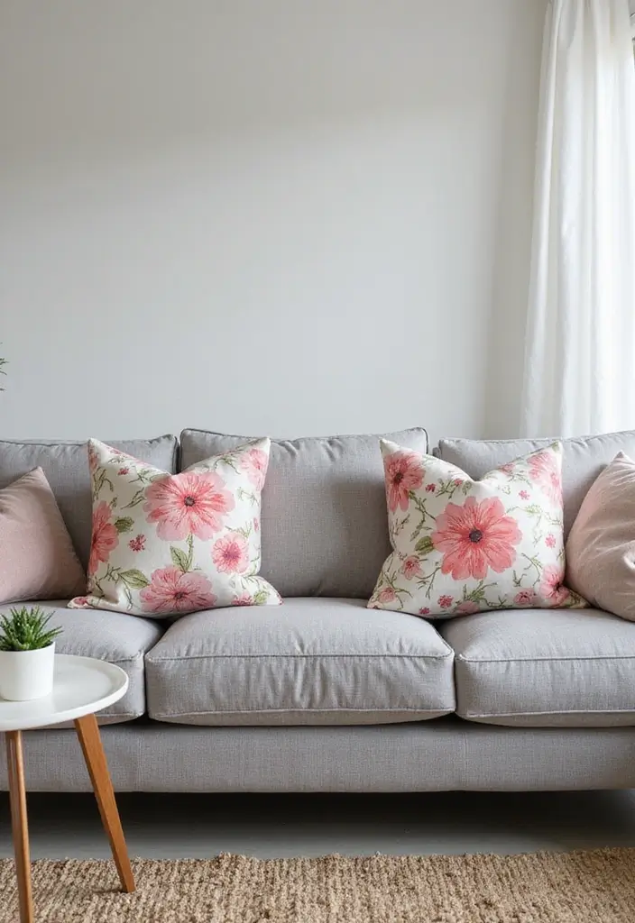 25 Perfect Pillows for a Grey Sofa to Match Any Interior - 24. Whimsical Floral Pillows