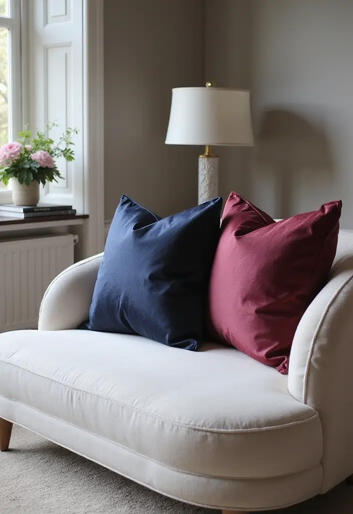 25 Pillows on White Couches That Brighten the Living Room 11 25 Pillows on White Couches That Brighten the Living Room - 11. Luxe Satin Finishes