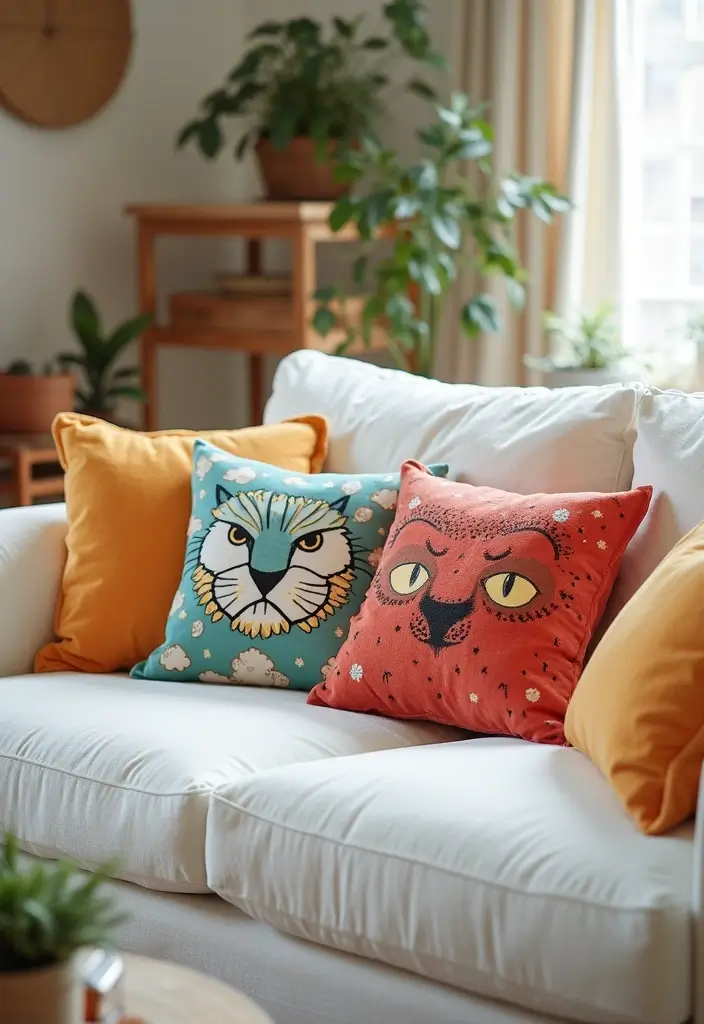 25 Pillows on White Couches That Brighten the Living Room 13 25 Pillows on White Couches That Brighten the Living Room - 13. Whimsical Animal Prints