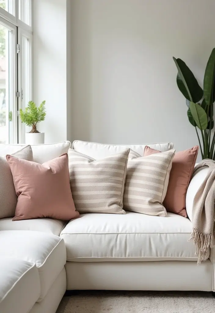 25 Pillows on White Couches That Brighten the Living Room 14 25 Pillows on White Couches That Brighten the Living Room - 14. Classic Stripes