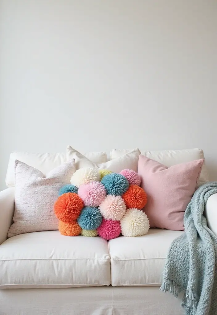 25 Pillows on White Couches That Brighten the Living Room 15 25 Pillows on White Couches That Brighten the Living Room - 15. Playful Pom-Poms