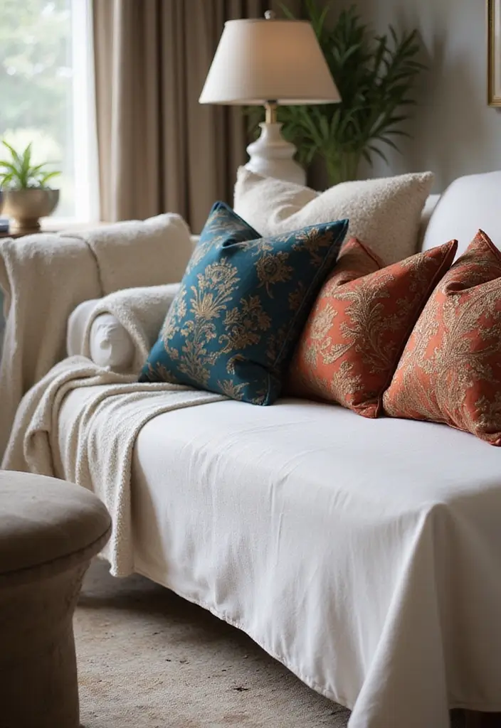 25 Pillows on White Couches That Brighten the Living Room 16 25 Pillows on White Couches That Brighten the Living Room - 16. Elegant Brocade