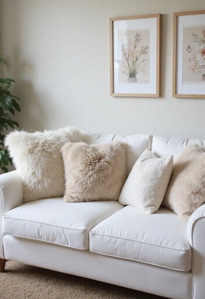 25 Pillows on White Couches That Brighten the Living Room 18 25 Pillows on White Couches That Brighten the Living Room - 18. Luxe Faux Fur