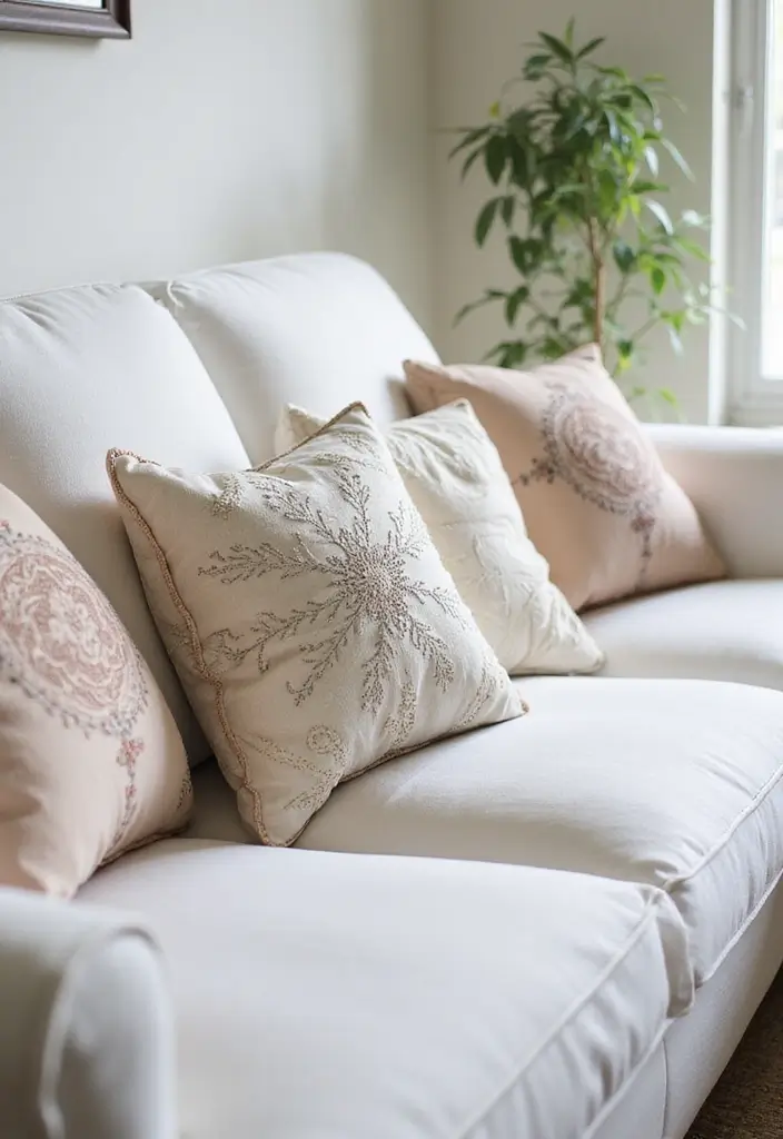 25 Pillows on White Couches That Brighten the Living Room 19 25 Pillows on White Couches That Brighten the Living Room - 19. Artistic Hand-Embroidered Designs