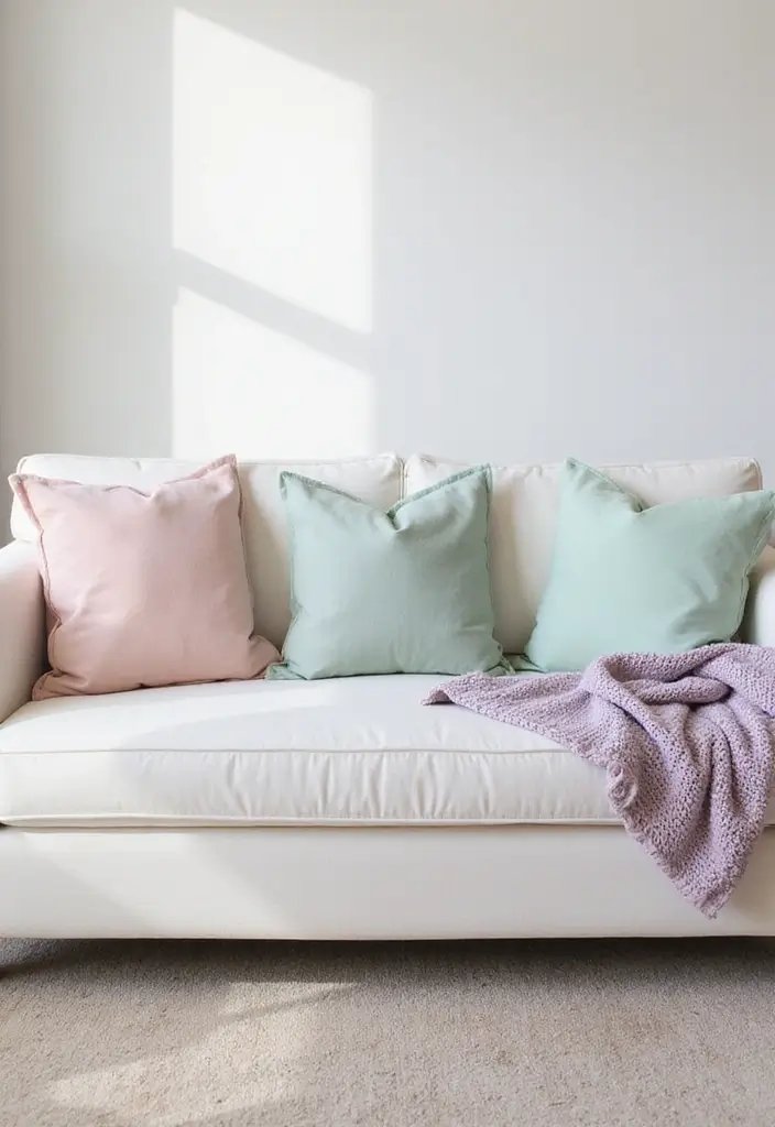 25 Pillows on White Couches That Brighten the Living Room 2 25 Pillows on White Couches That Brighten the Living Room - 2. Soft Pastel Hues