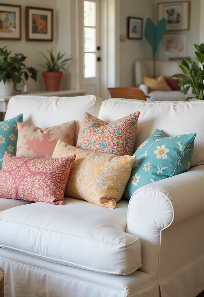 25 Pillows on White Couches That Brighten the Living Room 20 25 Pillows on White Couches That Brighten the Living Room - 20. Retro-Inspired Patterns