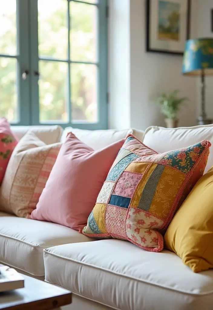 25 Pillows on White Couches That Brighten the Living Room 24 25 Pillows on White Couches That Brighten the Living Room - 24. Colorful Patchwork
