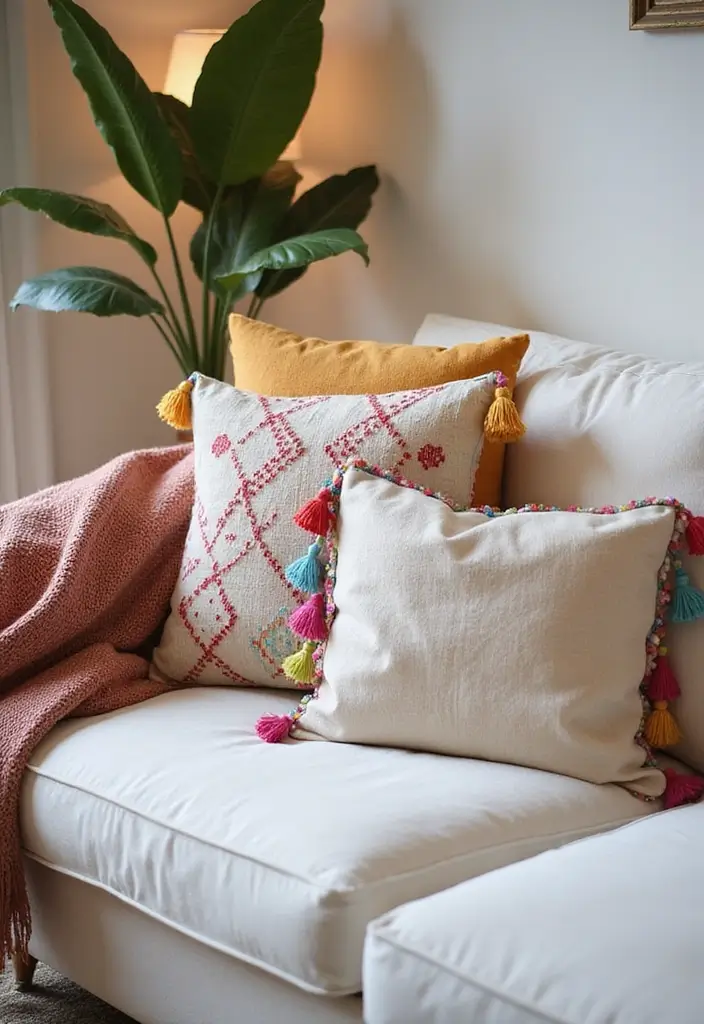 25 Pillows on White Couches That Brighten the Living Room 3 25 Pillows on White Couches That Brighten the Living Room - 3. Boho-Chic Tassels