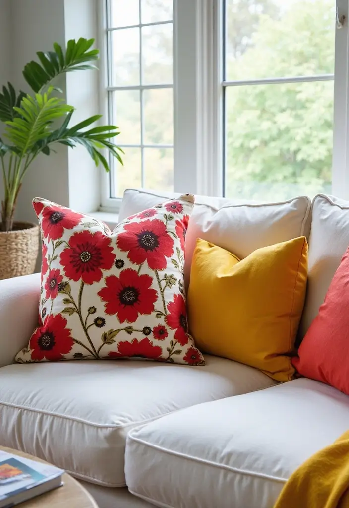 25 Pillows on White Couches That Brighten the Living Room 4 25 Pillows on White Couches That Brighten the Living Room - 4. Bold Floral Prints
