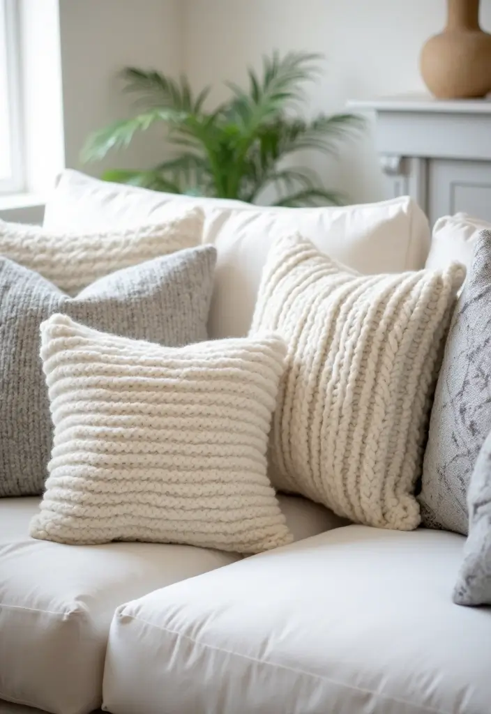 25 Pillows on White Couches That Brighten the Living Room 5 25 Pillows on White Couches That Brighten the Living Room - 5. Cozy Knitted Textures